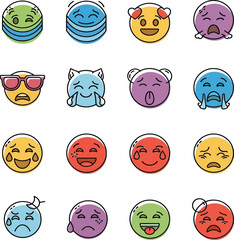 Fototapeta premium Fun emoji collection conveying diverse emotions like joy, sadness, love, humor, and playful expressions