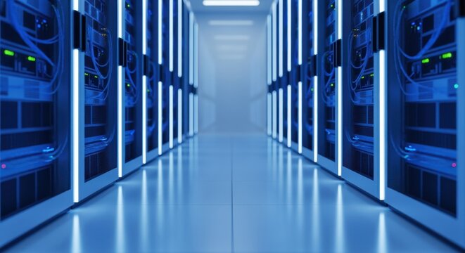 Futuristic data hub passage with synchronized lighting accentuating advanced server equipment.