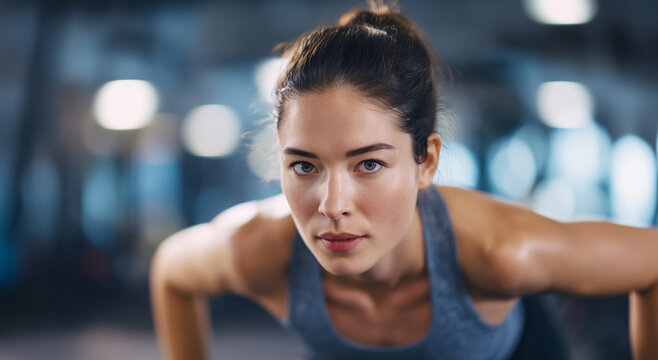 A dedicated woman engages in push-ups at a gym, showcasing her strength and determination. The workout environment is filled with equipment, emphasizing an active fitness lifestyle.