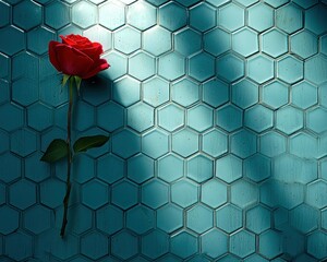 Single red rose on teal hexagonal tile. Sunlight highlights patterned surface
