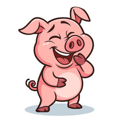A cheerful pink pig cartoon character laughs joyfully aloud