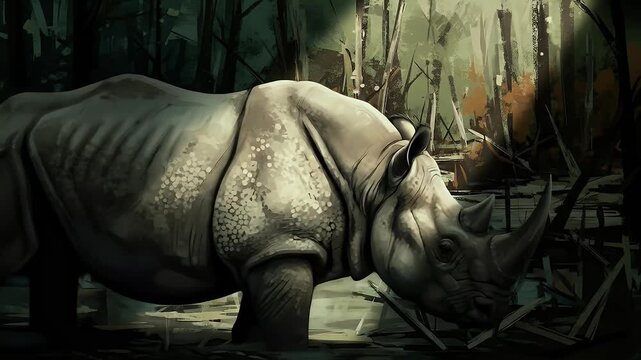 A rhinoceros stands in a murky swamp environment, surrounded by broken branches and dark, decaying trees.