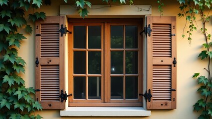 Light brown window shutters on a pale yellow wall.