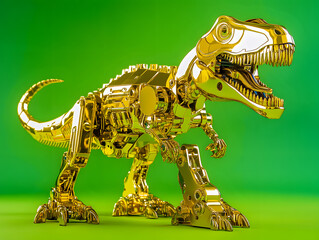A majestic golden mechanical tyrannosaurus rex roars on a bright green studio backdrop