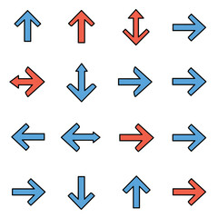 Collection of Colorful Directional Arrows with Black Outlines, Pointing in Various Directions.