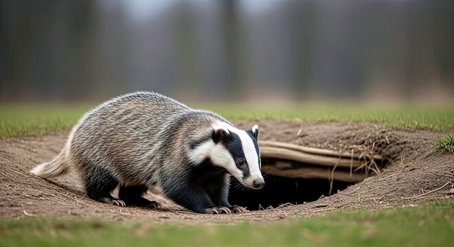 European Badger Emerging from Burrow Following a Downpour