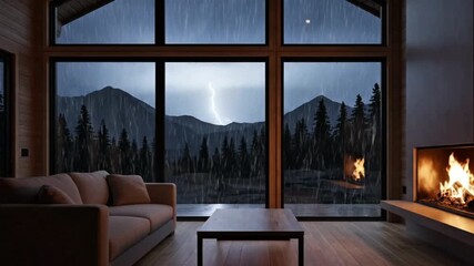 Cozy cabin interior with fireplace and mountain view during rain - Powered by Adobe