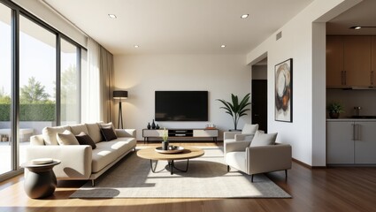 Modern living room interior design with minimalist furnishings.