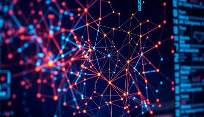 Abstract network graph visualization on digital screen showing big data analysis,  AI,  software