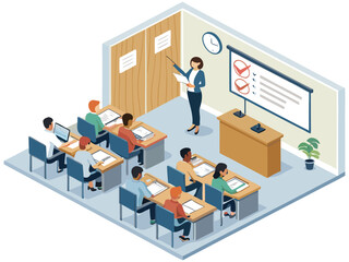 Isometric 3D vector illustration of business people working together in a modern office meeting room with computers, laptops, and a city network concept
