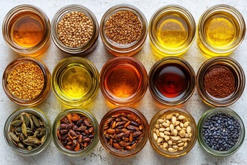 Small jars filled with various oils and seeds, arranged in a grid pattern on a light surface