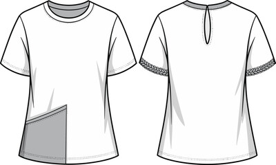  Women's Fashion White Short Sleeve Top with Braided Cuff and Asymmetrical Hem, Front and Back Views - Versatile Casualwear Apparel Flat Sketch Design Illustration