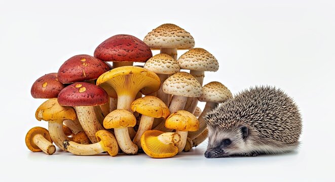 Whimsical Mushrooms and Nestled Hedgehog at Tree Base