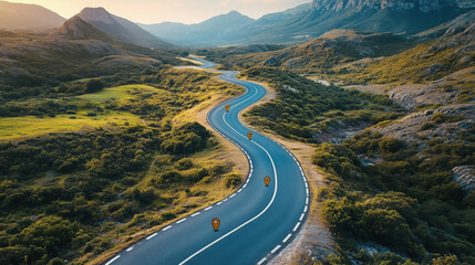 a winding road with location markers labeled as project milestones in a scenic landscape