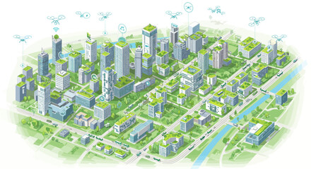 Sustainable Cityscape with Green Roofs and Drones