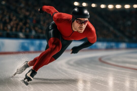 Full-body shot of male speed skater slicing across ice with intense focus during indoor race. Concept of winter sport, velocity, technique, balance, power, and elite competition.