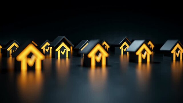 Animated HUD interface showcasing mortgage loan approval process with house icons illuminated in background