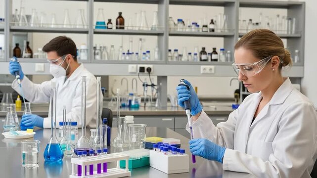 Two scientists wearing lab coats gloves and safety goggles are working with pipettes and test tubes in a modern laboratory setting