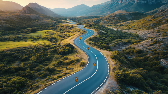 a winding road with location markers labeled as project milestones in a scenic landscape