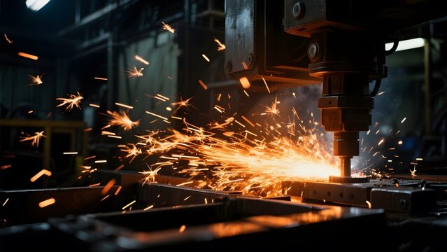 Industrial welding process with bright sparks flying in a factory setting - Powered by Adobe