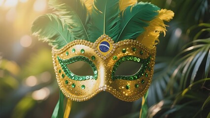 Elegant Carnival Mask with Feathers and Beads Amidst Lush Greenery