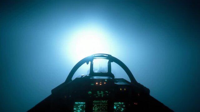 Cockpit lights flicker as jet navigates through thick fog with glowing target and engine rumble