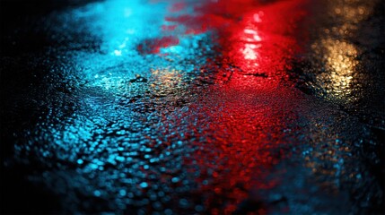 Close-up of red and blue emergency lights reflecting on wet pavement at night with cinematic glow.