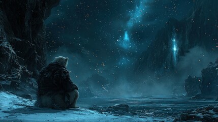 Fototapeta premium Snowy tundra with a figure under the starry night