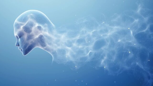 Abstract female head formed from glowing lines and particles dissolves into a digital network. Image symbolizes artificial intelligence, virtual consciousness and future technologies.