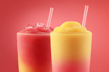 Tropical Drinks with Tequila Sunrise and Mango Smoothie in Tall Glasses on White Background