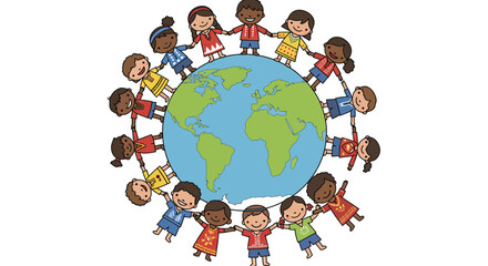 Diverse Children Holding Hands Around the Earth, Celebrating Unity and Peace