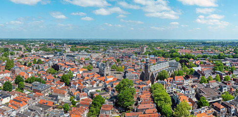 Aerial panorama from the historical city Gouda with church and city hall in the Netherlands