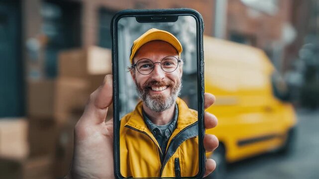 Closeup of a courier app interface on a smartphone as a gig worker takes a selfie for identity verification during the pickup process. This image illustrates the innovative use of biometric