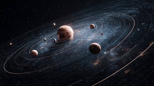 A depiction of a solar system with planets orbiting a central star in a cosmic environment view