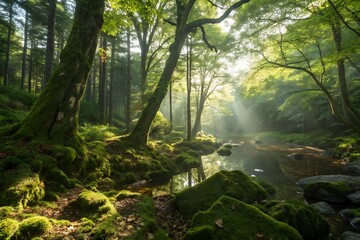 Fototapeta premium Verdant forest stream bathed in ethereal sunbeams moss trees