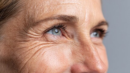 Aging gracefully: Close-up on a woman's eye and skin, showing wrinkles and fine lines. A natural look into maturity.