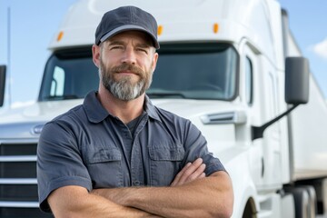Confident truck driver with crossed arms posing in front of his semi-truck
