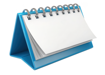 Blank blue desk calendar with spiral binding isolated on transparent background