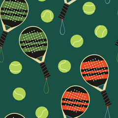 Padel sport equipment vector seamless pattern. Padel rackets and balls illustrations on dark green background. Modern court game repeat tile design. Padel tournament, hobby leisure activity