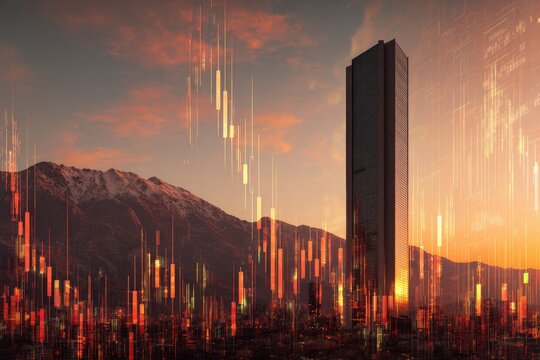 A modern city skyline at sunset overlaid with financial data