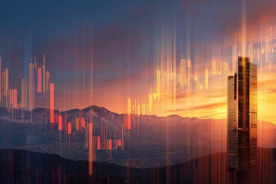 Sunrise city, financial chart overlay