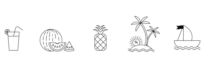  Summer tropical beach drink fruit boat island holiday sale sun travel icon vector illustration for seasonal vacation offer discount design.