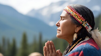Diversity in Exercise & Wellness meditation concept. A woman prays outdoors with mountains in the background.