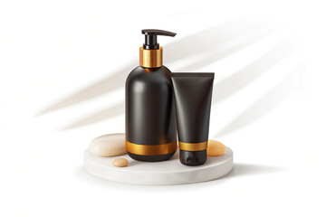 bottle of perfume and cream. a sleek and modern hair care product display featuring a bottle of shampoo and conditioner with elegant packaging, placed on a minimalist white surface. 