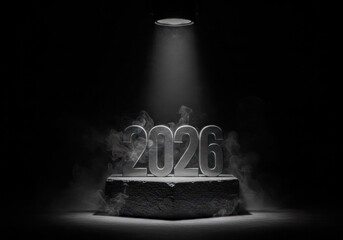 Numerical representation of the year 2026 illuminated by a spotlight in a dark environment with a smoky effect
