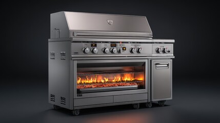 Obraz premium A high-end stainless steel outdoor grill with a built-in rotisserie and side burner, showcasing a glowing fire within its lower compartment, sits on wheels against a dark backdrop