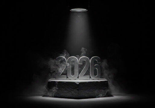 Numerical representation of the year 2026 illuminated by a spotlight in a dark environment with a smoky effect