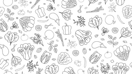 Seamless Pattern Hydroponic Vegetables in Black Outline Style for Wrapping Paper, and Packaging
