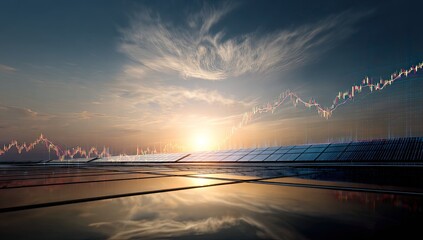 Rooftop solar panels at sunset with financial data overlaid