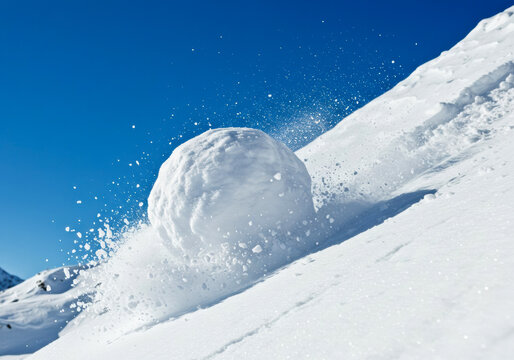 Snowball rolls down a snowy slope under a clear blue sky, creating a splash of snow particles in the sunlight